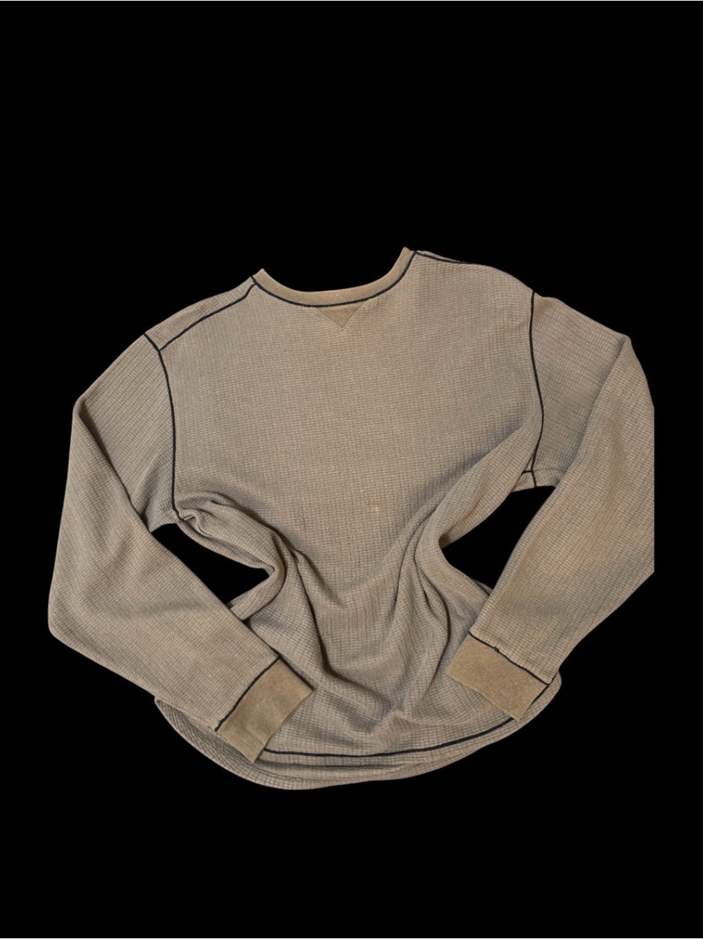 Textured Waffle-Knit Crewneck Sweater in Taupe with Contrast Stitching